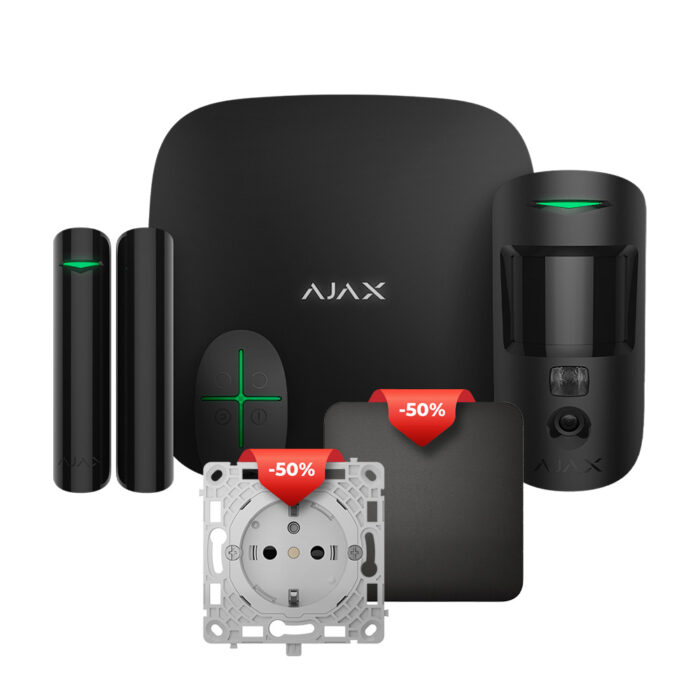 Комплект бездротової сигналізації Ajax StarterKit Cam (8EU) UA black Вимикач Ajax LightSwitch 1-gang Black одноклавішний + Реле Ajax OutletCore