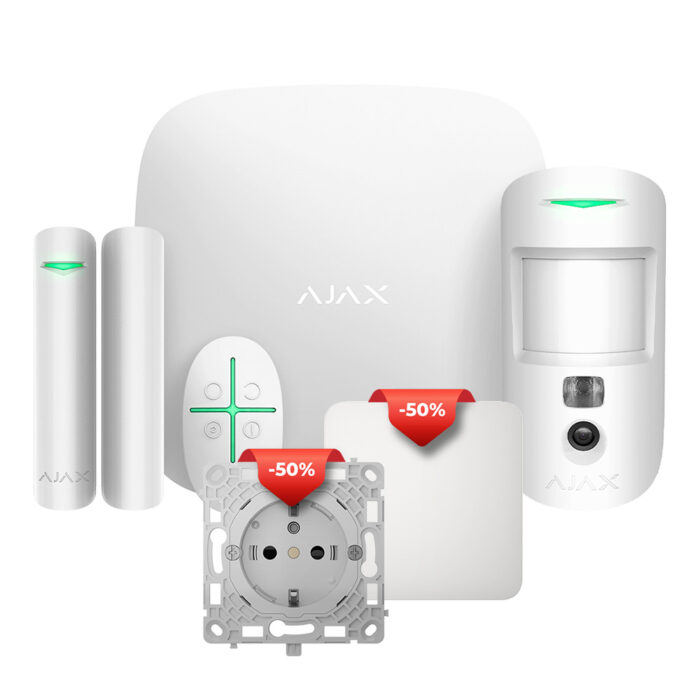 Комплект бездротової сигналізації Ajax StarterKit Cam (8EU) UA white + Вимикач Ajax LightSwitch 1-gang White одноклавішний + Реле Ajax OutletCore