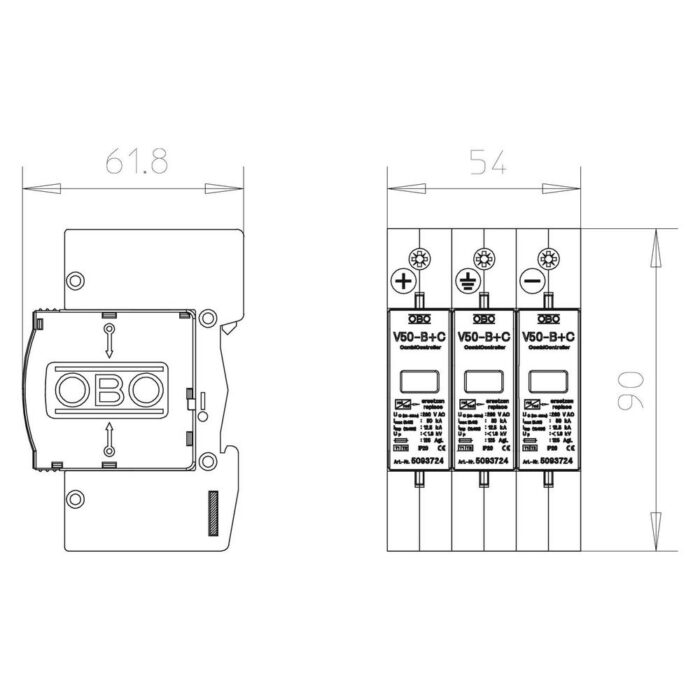 Обмежувач перенапруг OBO Bettermann Тип I+II V25-B+C 3-PH900 (5097447) - Зображення 2