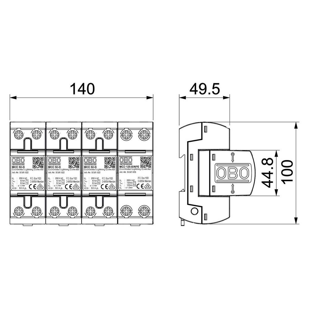 e9a081a0014cc22a9f258e46f3a4c4ca7cf7ca8b6de10ec63e7b1bb7ddba869f Обмежувач перенапруг OBO Bettermann MCD 50-B 3+1 (5096879) - Зображення 2